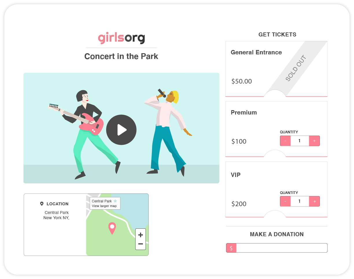 Give Lively example of an event ticketing page for "Girls Org" titled "Concert in the Park" displaying a video of 2 people playing music, 3 ticket tiers options, a map that indicates the location of the event, and a section to make a donation.