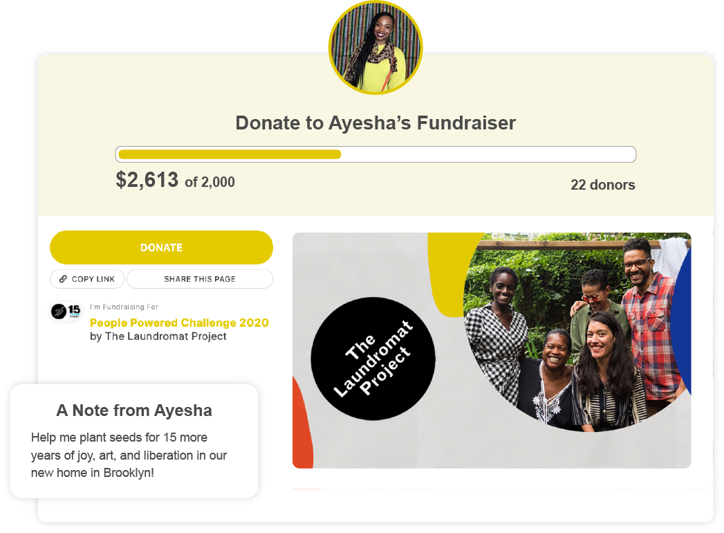 Example of a Give Lively's nonprofit member Peer-to-Peer page titled "Donate to Ayesha's Fundraiser" including a picture of the fundraiser, a light yellow hero background and a fundraising goal of $2,000. Below there's a picture from the nonprofit of a group of young people, a prominent yellow donate button on the left and a note from the fundraiser, Ayesha.
