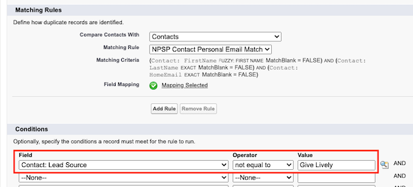 Screenshot of the Conditions section.