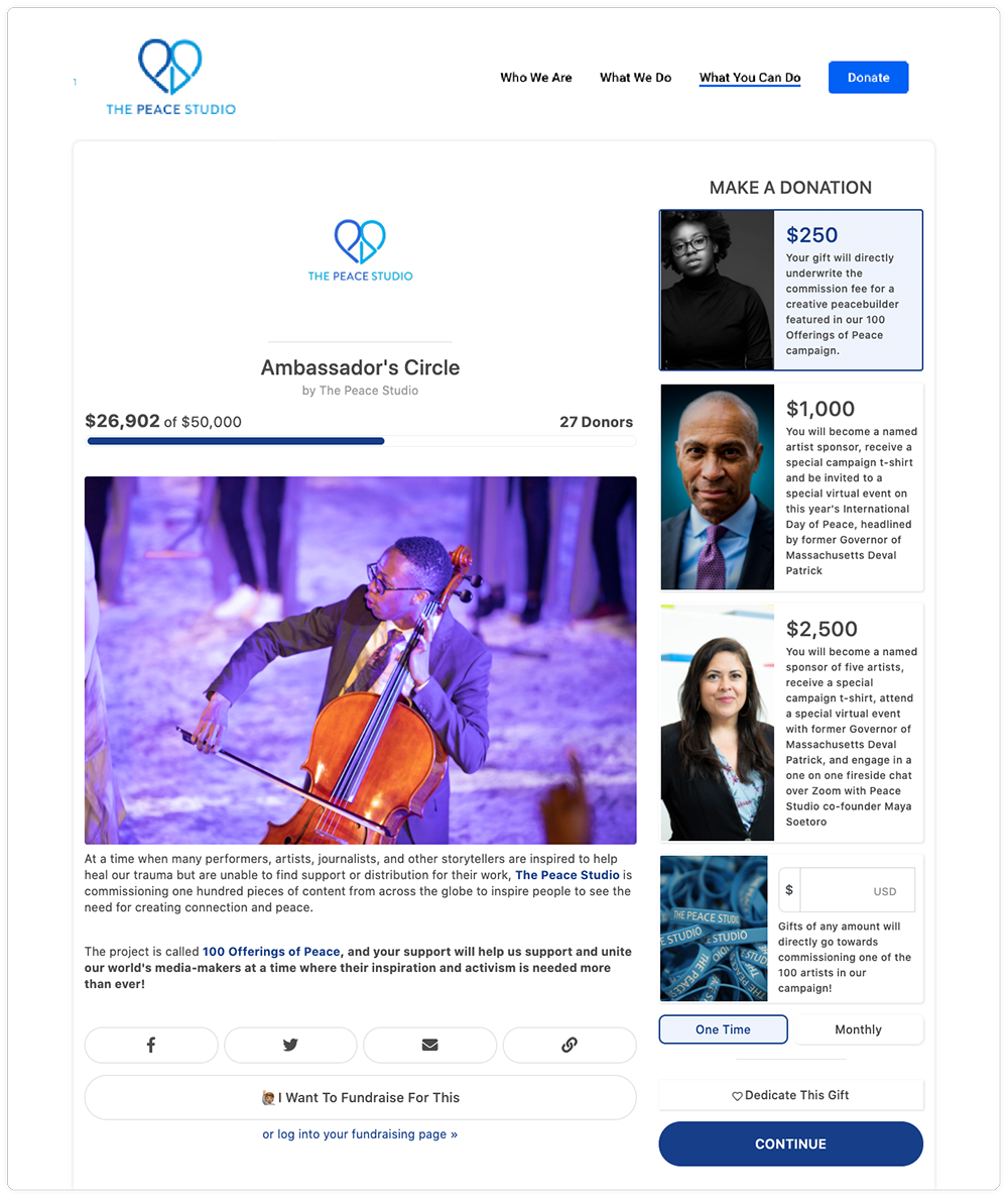 The Peace Studio Website displaying Give Lively's Branded Donation Widget