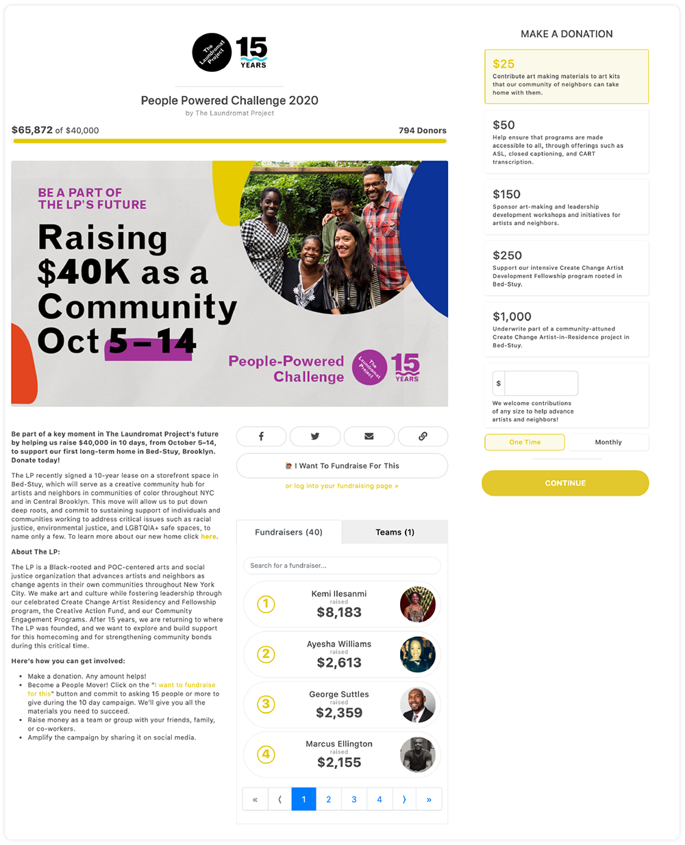 The Laundromat Project "People-Powered Challenge" Page including 40 individual fundraisers each with a Peer-to-Peer Fundraising page