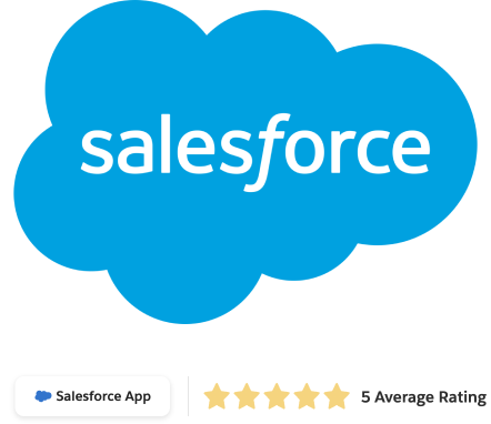 Salesforce logo, a badge that reads "Salesforce App" and a 5-star rating. 