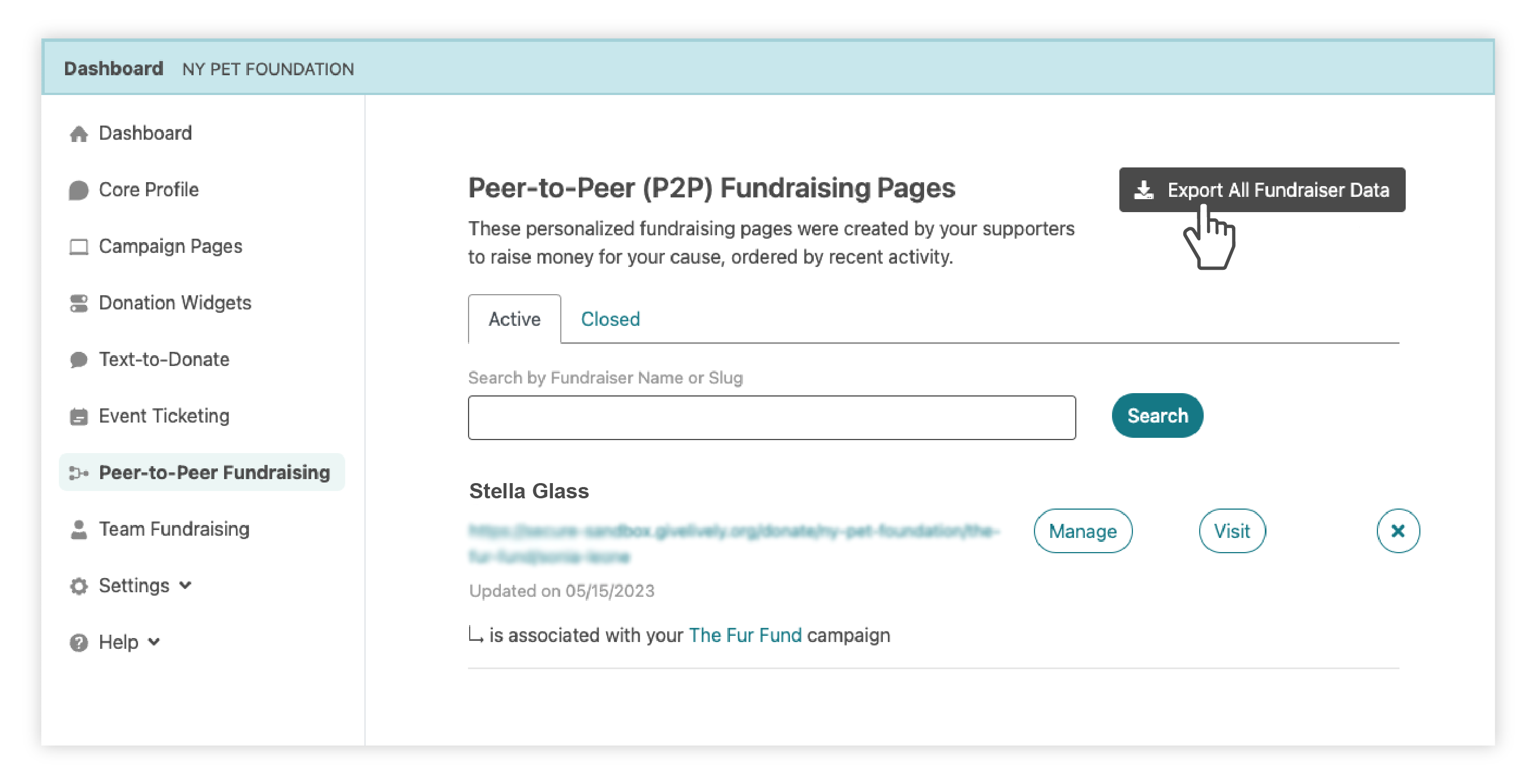Screenshot showing what nonprofit admins see in the Nonprofit Admin Portal when exporting all fundraiser data