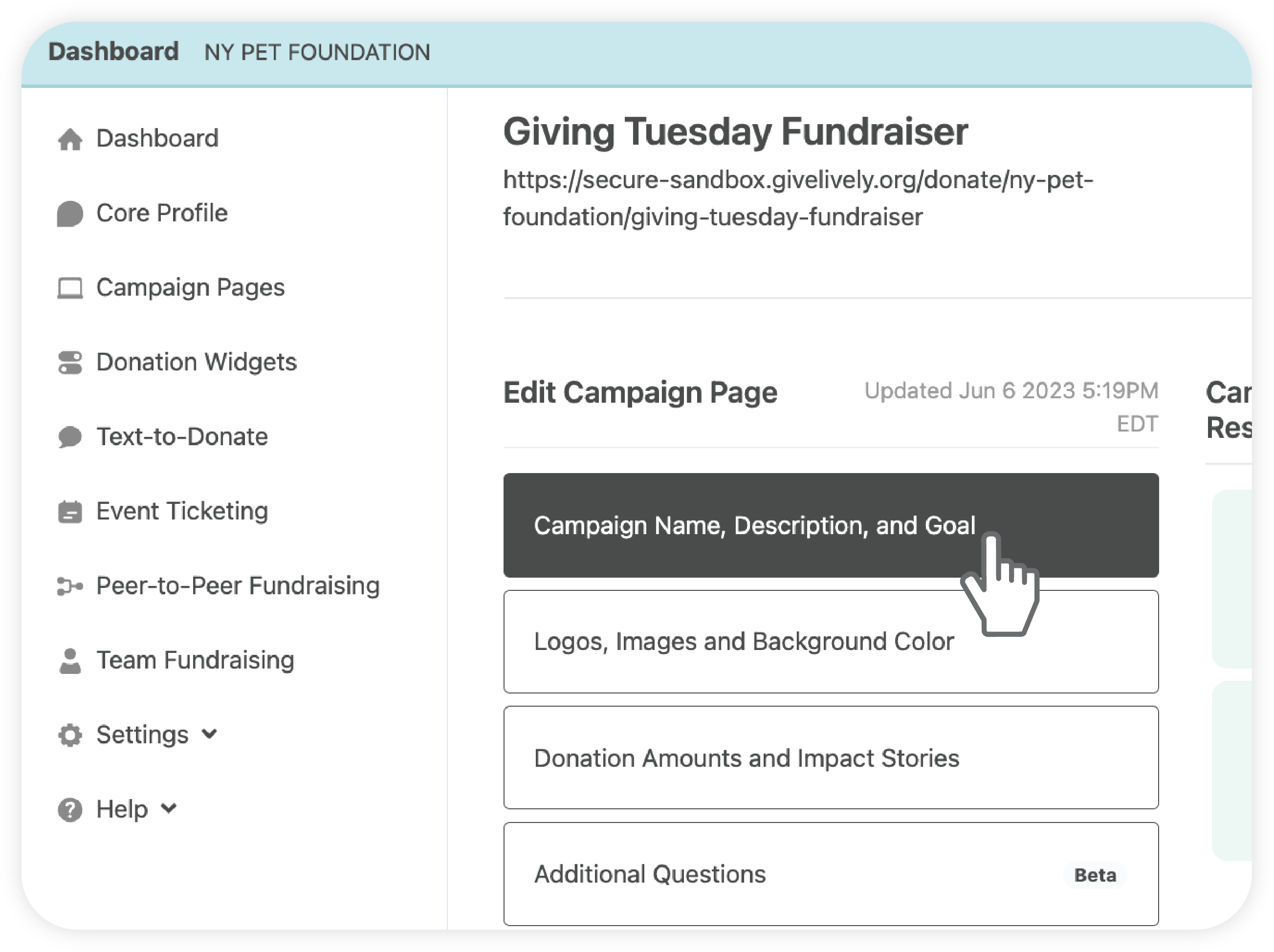 A screenshot of the "Campaign Name, Description and Goal" button on a Campaign Page managed in the Nonprofit Admin Portal.