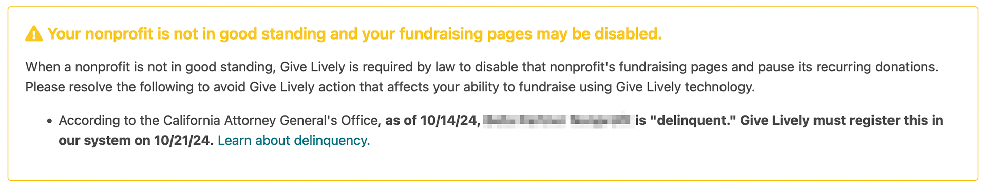 Screenshot of a warning in the Nonprofit Admin Portal advising that "Your nonprofit is not in good standing and your fundraising pages may be disabled" due to delinquency.