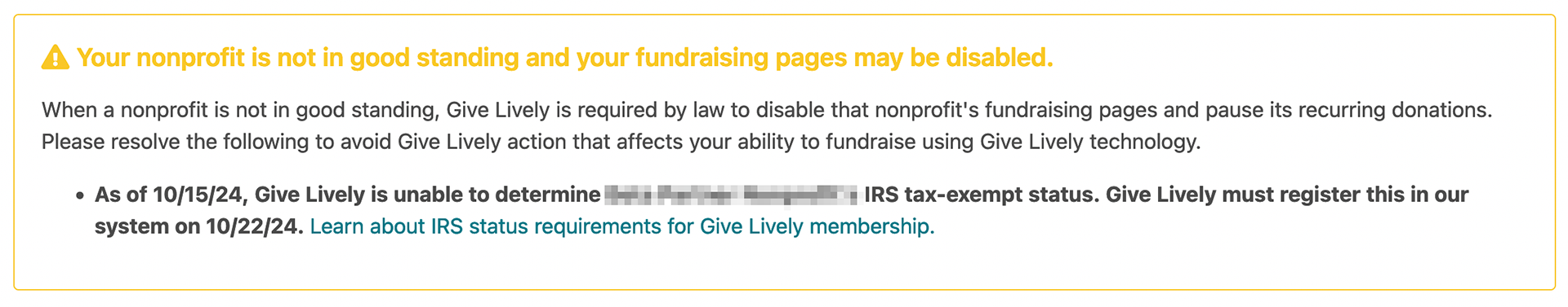 Screenshot of a warning in the Nonprofit Admin Portal advising that "Your nonprofit is not in good standing and your fundraising pages may be disabled" due to indeterminate IRS tax-exempt status.