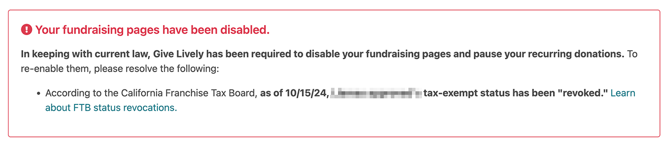 Screenshot of a warning in the Nonprofit Admin Portal advising that "Your fundraising page has been disabled" due to FTB revocation.