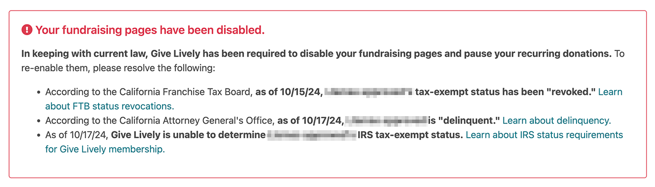 Screenshot of a warning in the Nonprofit Admin Portal advising that "Your fundraising page has been disabled" due to multiple issues.