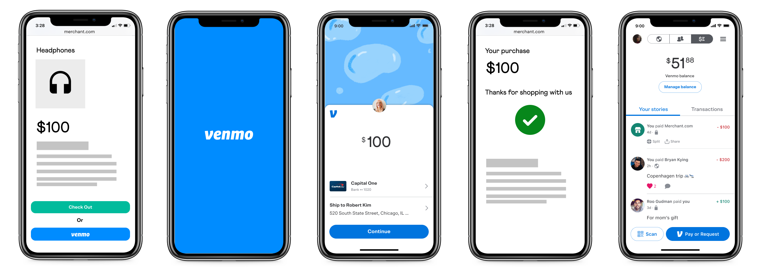 Images of Venmo app on a mobile device showing step-by-step payment experience.