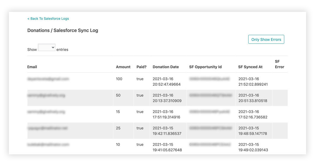 A screenshot of the "Donations / Salesforce Sync Log" view in the Salesforce Logs of the Nonprofit Admin Portal.